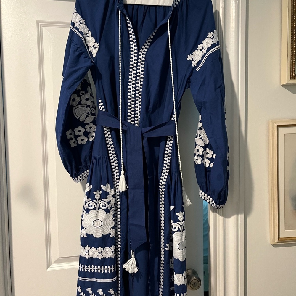 Elegant Julia Amory Blue and White Maxi Embroidered Dress